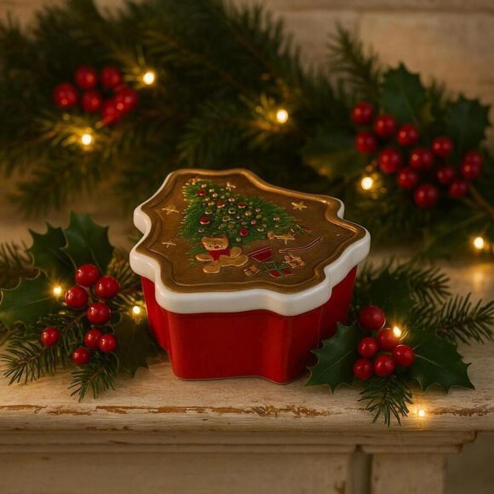 Vintage Jamestown China Christmas Tree Trinket Box Teddy Bear Holiday Decor